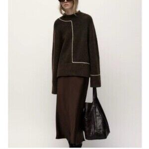 Zara Women's Knit Sweater with Contrasting Piping in Brown Size M Lagenlook Boho